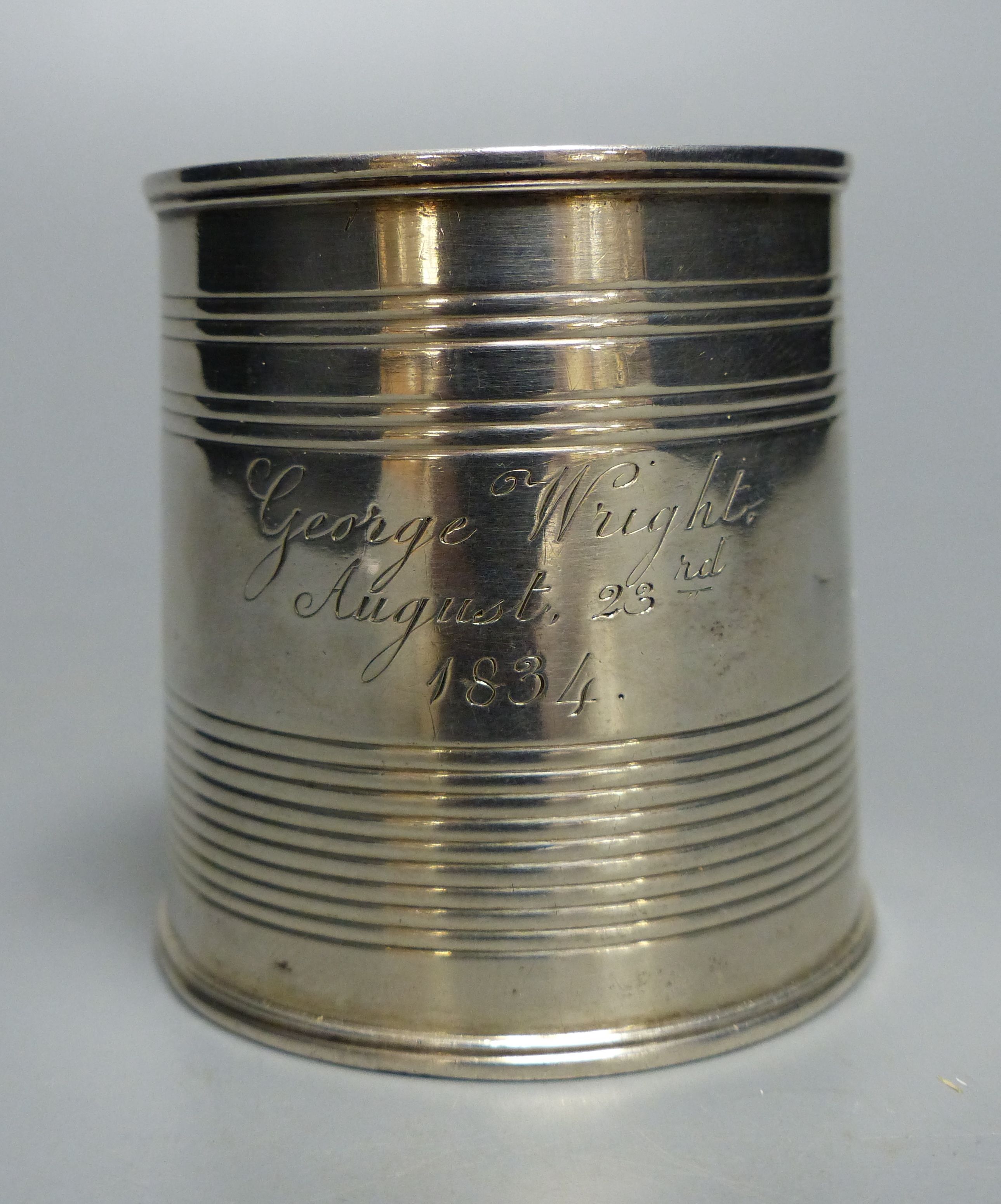 A George IV reeded silver small christening mug, James Bult?, London, 1828, 59mm, 71 grams,